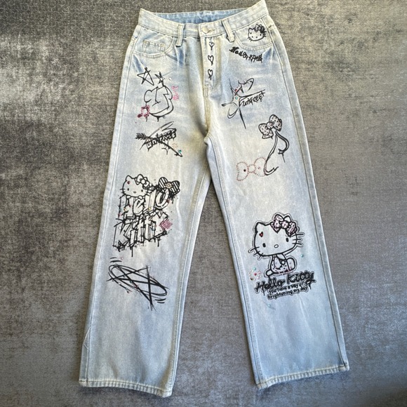 Hello Kitty Denim - Vintage Hello Kitty Graffiti Rhinestone Wide Leg Jeans Womens 43 Blue Light Wash